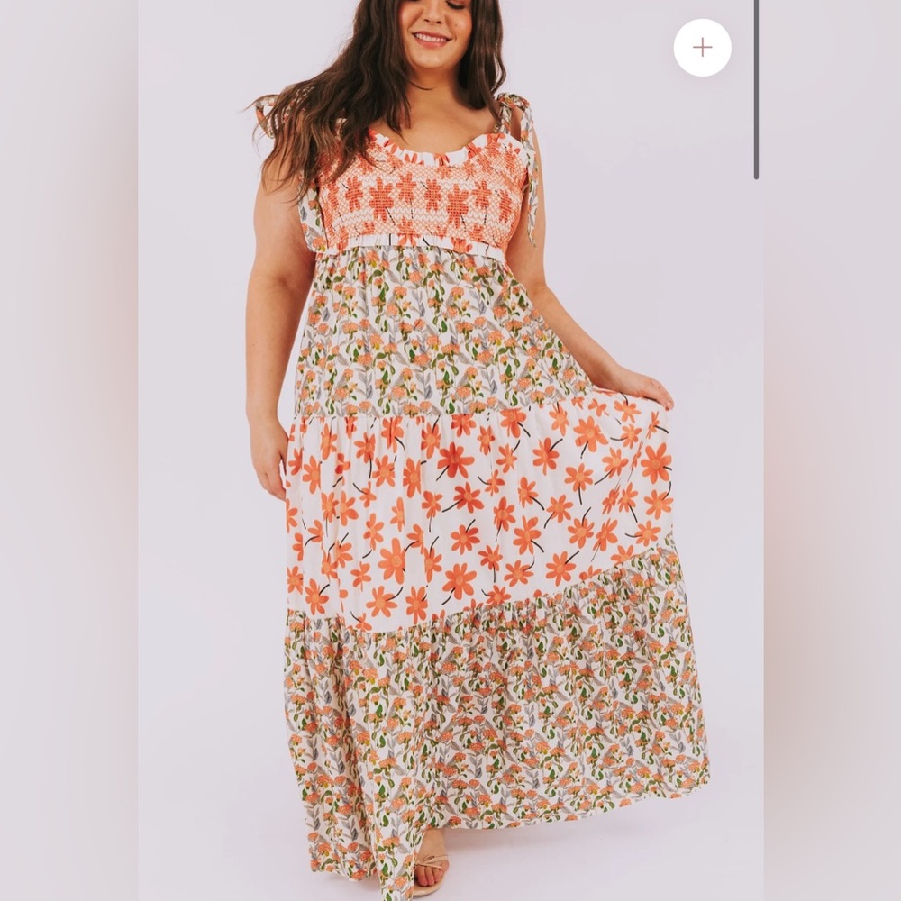 Davi & Dani Multi Contrast‎ Smocked Bodice Maxi Dress with Tie Straps.